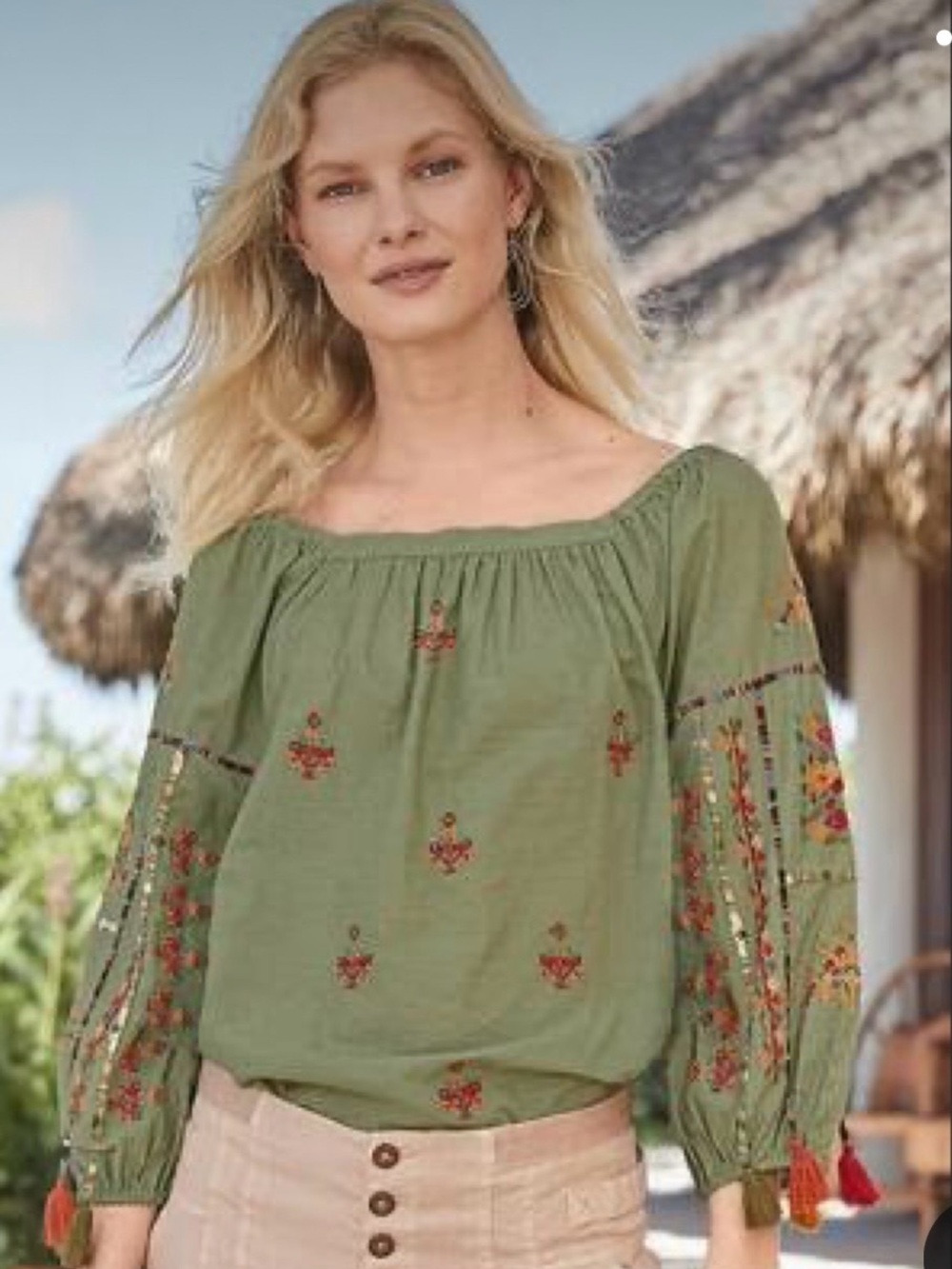 Sundance Journey in Spirit Boho Embroidered Olive Green Peasant Blouse size L
